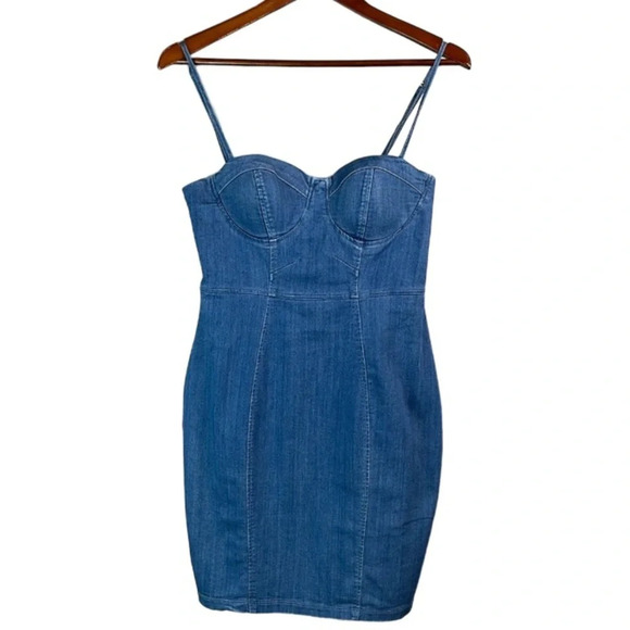 HAUTE MONDE Blue Denim Mini Dress Boustier Corset Stretch Adjustable Straps L - Picture 2 of 12